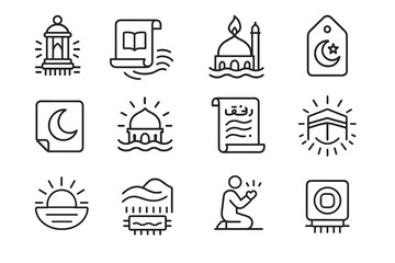 Islamic symbols: mosque lantern, quran, crescent moon, prayer icon set