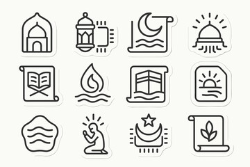 Islamic icon set featuring mosque, lantern, quran, crescent moon, water, kabah, prayer, star, dawn, scroll