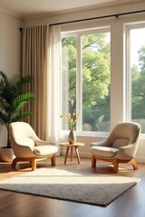 Naklejka premium A serene mediation room, bathed in soft natural light, features comfortable seating and calming decor, ideal for conflict resolution and peaceful reflection , windows, tranquil, harmony