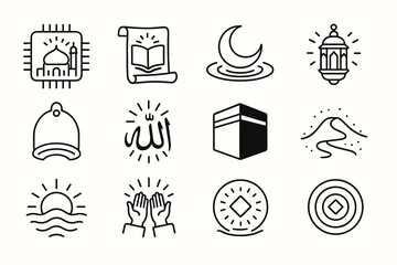Islamic symbols collection including mosque crescent quran lantern kaaba prayer icon set