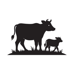 Calf Walking Near Grazing Cow Silhouette Vector