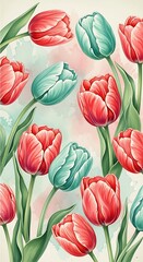 Obraz premium Watercolor tulips floral pattern spring flowers red and teal botanical art garden illustration background design