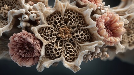 Macro shot of organic structure with details resembling coral or microscopic forms. Complex topography and natural textures.


