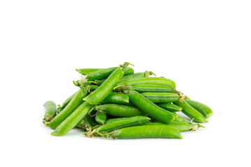 Fresh green pea pods with green peas isolated on white background. Sweet green peas. Green pea beans vegetables. Vegan. healthy green vegetable.