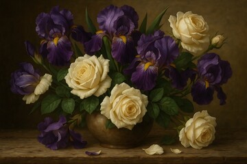 elegant bouquet of purple irises and white roses arranged beautifully in a vintage vase, perfect for a romantic setting