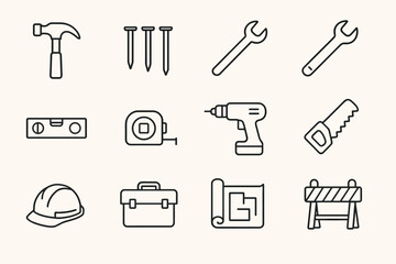 Set of construction tools icons including hammer, saw, wrench, drill, and helmet