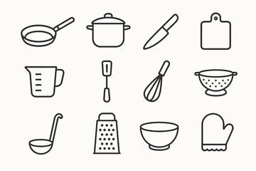 Set of 12 minimalist kitchen utensil icons: frying pan, pot, knife, cutting board, and more