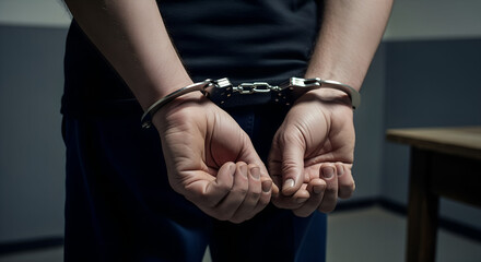 Close-up of man’s hands cuffed behind his back during arrest in police station