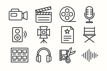 Set of twelve cinema and audio icons: camera, microphone, film reel, headphones