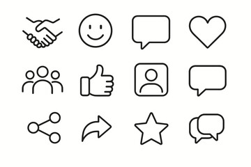 Simple black and white line icons for communication and interaction