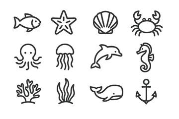 Sea life icons: fish, starfish, shell, crab, octopus, jellyfish, dolphin, seahorse, coral, seaweed, whale, anchor