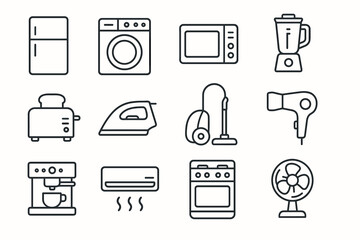 Icons of home appliances including refrigerator, washing machine, microwave, and blender