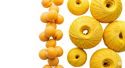 Bright yellow yarn balls arranged alongside a vertical line of fresh, ripe apricots, isolated on a transparent background, symbolizing the warmth of summer and creative inspiration.