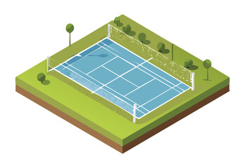 Isometric Blue Tennis Court with Tree