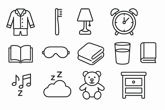 Bedtime routine essentials: pajamas, toothbrush, lamp, alarm clock, book, sleep mask, blanket
