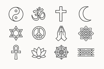 Collection of diverse religious and spiritual symbols in black outline