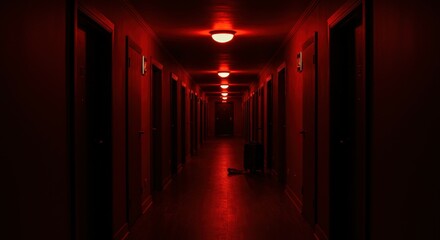 Fototapeta premium Mysterious Red Hotel Corridor with Suitcase