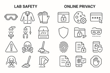 Lab safety and online privacy symbols: protective gear and cybersecurity icons