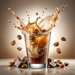 Hyper Realistic Splash Of Iced Coffee In Transparent Glass