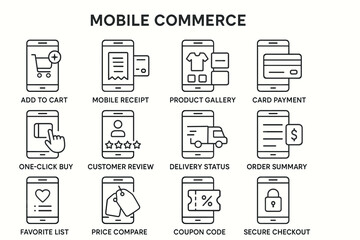 Naklejka premium Mobile commerce icons collection for online shopping and payment