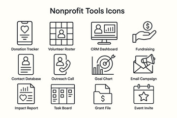 Comprehensive nonprofit tools icons for effective management