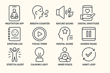 Simple wellness icons for mindfulness and mental wellbeing applications