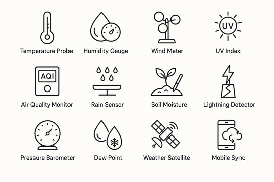 Weather monitoring instruments icons including temperature probe and humidity gauge
