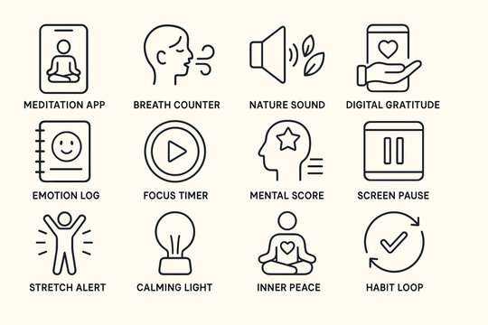 Simple wellness icons for mindfulness and mental wellbeing applications