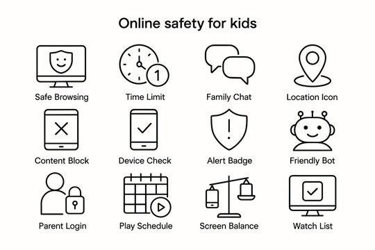 Online safety icons for kids: safe browsing, time limits, family chat, location, content block