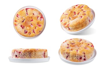 Cake with strawberries in a plate on a white isolated background