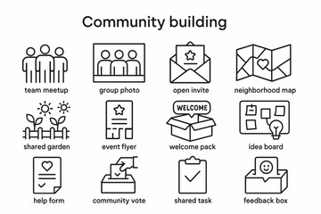 Community building: group, open invite, neighborhood map, shared garden, event flyer