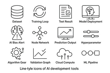 Line style icons of ai development tools including dataset and model deployment