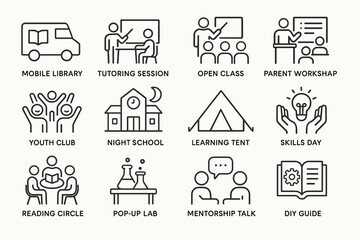 Icons of educational activities: mobile library, tutoring, workshop, night school, skills day