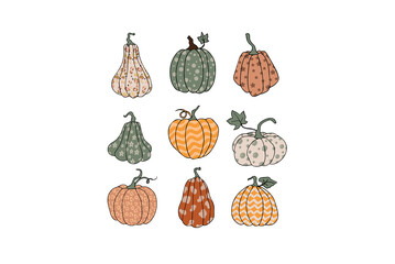 Assorted Fall Pumpkins Collection Hand Drawn Vector Set design