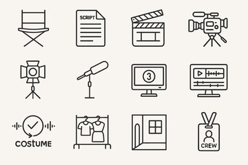 Film production icons set showing equipment and tools for movie making