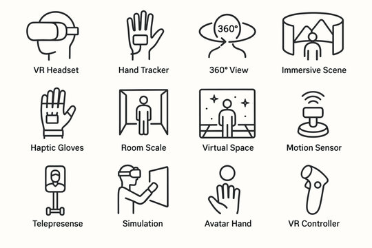 Vr technology icons: headset, hand tracker, 360° view, immersive scenes