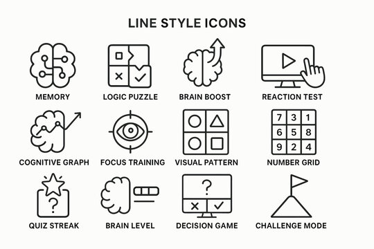 Brain training icons: memory, logic, reaction test, cognitive graph, focus training