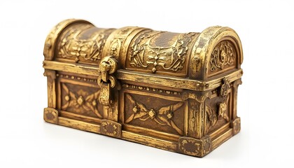 Antique Golden Treasure Chest with Ornate Details Isolated on White Background