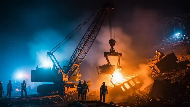 Demolition of a train wreck at night