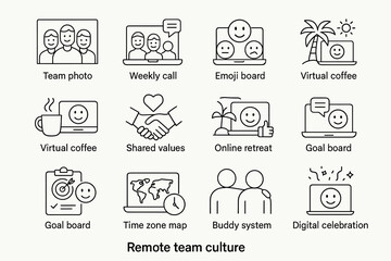 Icons representing remote team culture: communication, collaboration, celebration