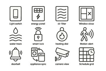 Smart home device icons: light switch, energy panel, air filter, window, security, alerts