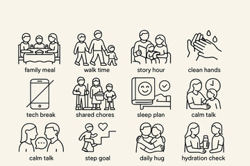 Everyday family activities: meals, walks, chores, sleep, hygiene, and more
