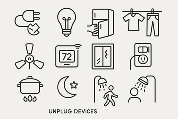 Energy saving symbols: unplugging devices and efficient home practices