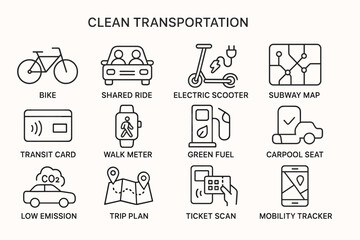 Icons representing clean transportation solutions for urban mobility