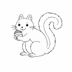 Coloring page, happy cartoon squirrel holding an acorn while sitting