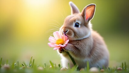 easter bunny in grass, easter bunny in grass hold a flower in hand