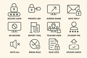 Secure tools: login, privacy, communication, and classroom management icons