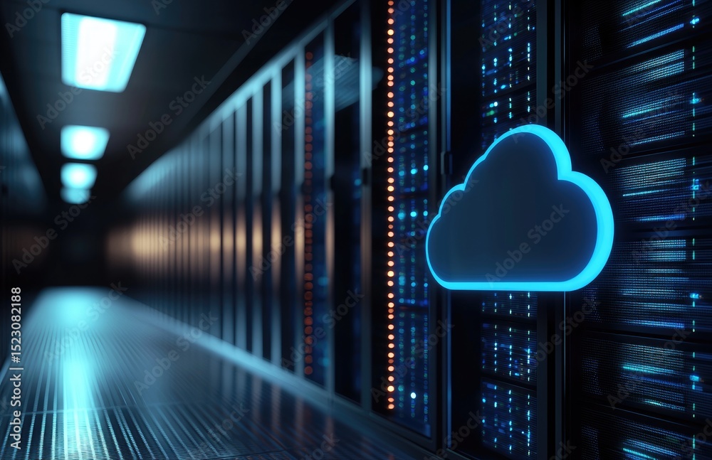 Leinwandbilder blue cloud icon on data server cabinet in high tech corridor, representing cloud computing services,