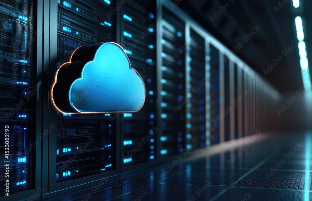 Aufkleber glossy blue cloud icon mounted on a data server wall in a high tech corridor, representing cloud com