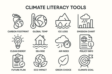 Climate literacy tools icons for environmental awareness and education